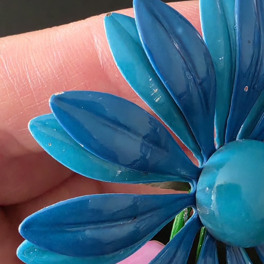 VTG Large Blue Green Pop Mod Enamel Metal Flower Brooch Spring - Picture 4 of 7